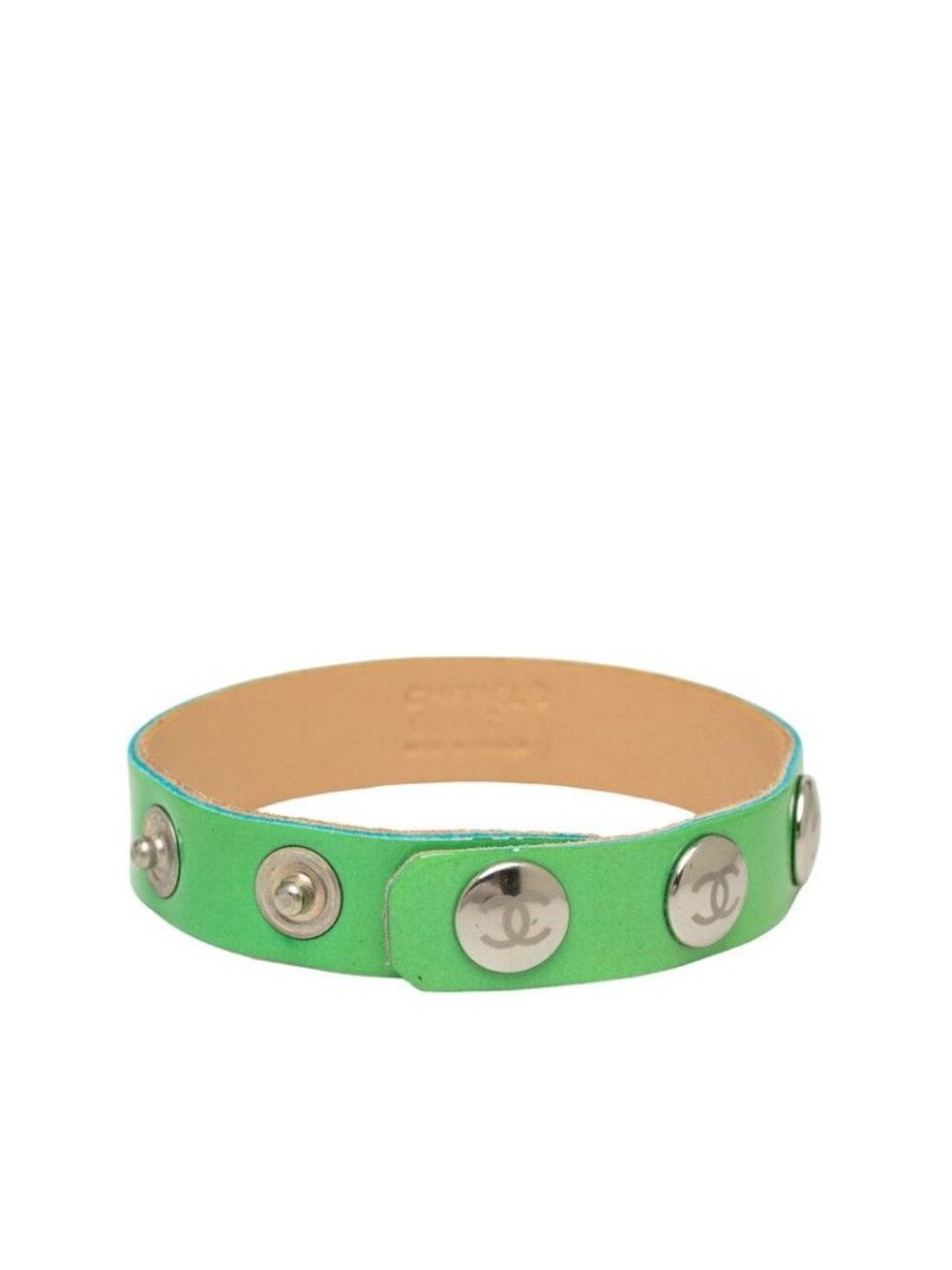 Chanel CC Logo Bracelet Green Silver Patent Leather